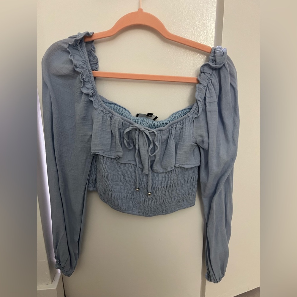 Square Neck Ruffled Bubble Sleeve Crop Top in Blue